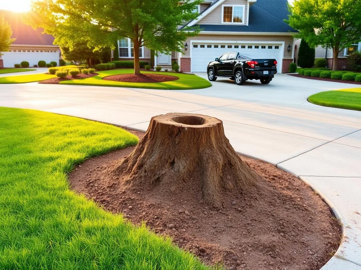 Level, cleaned job site with fresh wood chips where a tree stump was ground away