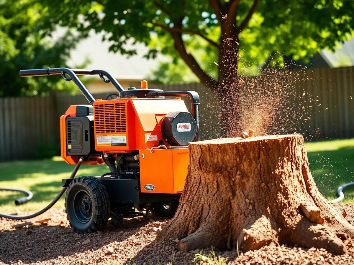 Clear Peak stump grinder grinding a large tree stump below grade at a Los Angeles home