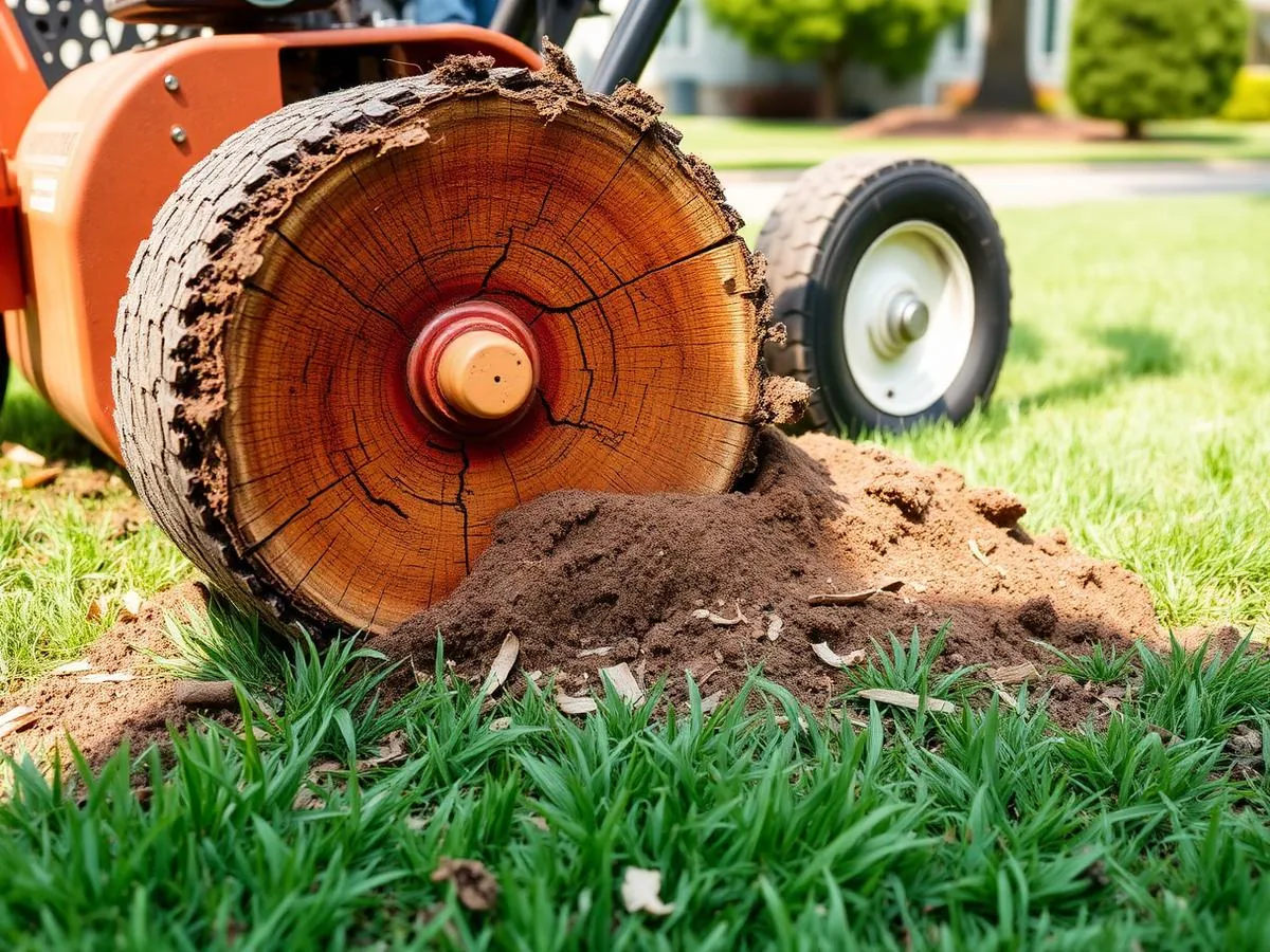 Grinder wheel cutting through exposed surface tree roots in a Los Angeles lawn